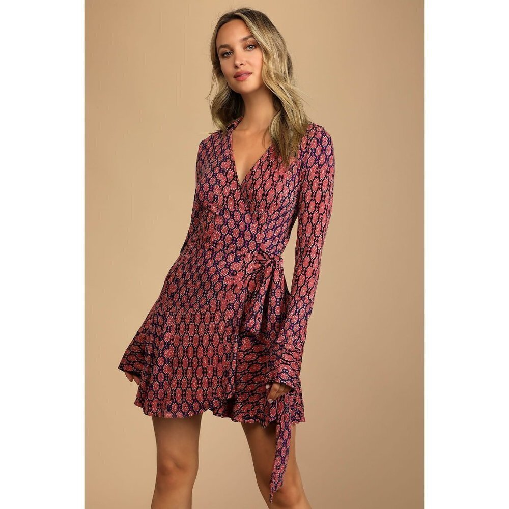 Free People Rhetta Rusty Rose Stretch Long Sleeve Mini Wrap Dress Size S NWT